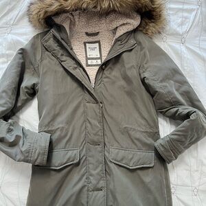 Abercrombie & Fitch Khaki Utility Jacket with Faux Fur Hood